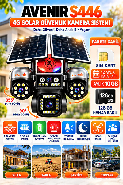 AVENİR AV-S446 4G SIM Kartlı Güneş Enerjili Solar Güvenlik Kamerası 4 Kameral...