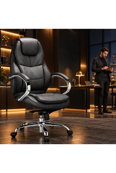 THE RED CREW Minister-H Executive Office Chair, High Back PU Leather Computer Chair with Padded Armrests, 5-Position Locking Recline, Height Adjustment, Chrome Base, Black, 2-Year