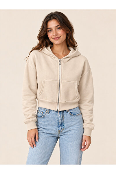 FAVORİST Women's Zippered Crop Cardigan Sweatshirt