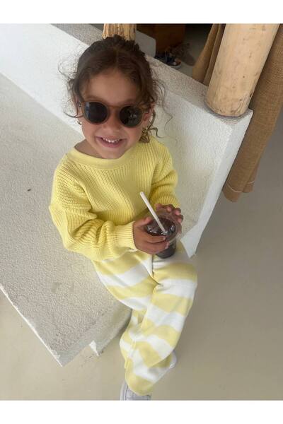 ARBİ kids Girl's Yellow Knitwear Top Striped Knitwear Pantalon Double Stylish...