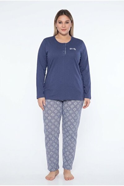 REN Solid color crew neck button-down, patterned bottom, plus size women's pa...