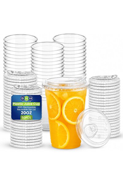 Generic أكواب بلاستيكية شفافة سعة 20 أونصة مع أغطية بدون شفاطات، عبوة من 50 ك...