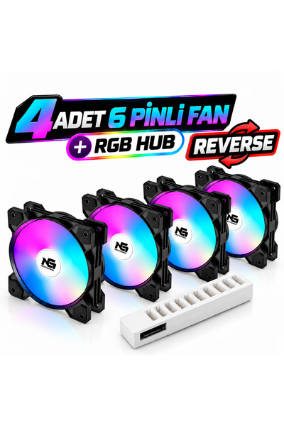 Next Gaming Orion 4 Adet Reverse (Ters Bıçak) RGB 6 Pin 120mm Siyah Fan + RGB Hub Set