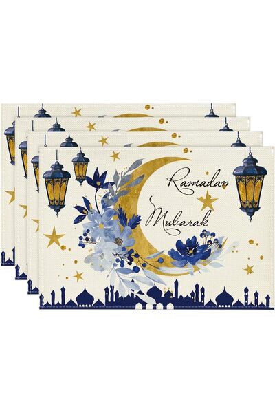 Generic مجموعة مفارش طاولة رمضان بنقشة قلعة الفوانيس والزهور - 4 قطع، بحجم 12...