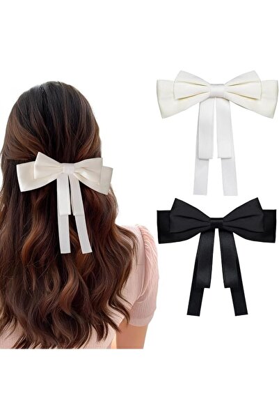 EXCEFORE 2 PCS Hair Bows for Women Silky Satin Clips Black Beige Large Metal ...