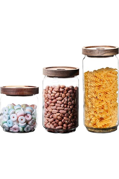 Generic Glass Storage Jars with Acacia Wood Lids -Set of 3 Transparent Borosi...