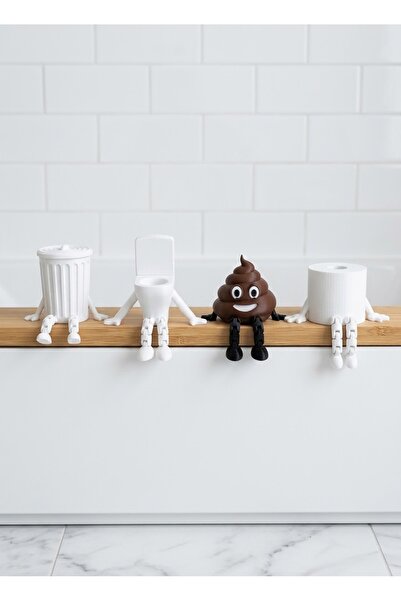 3D Yazıcı Üretimi Eğlenceli Banyo Figür Seti (4'lü) - Klozet, Tuvalet Kağıdı, Çöp Kovası ve Kaka Masa Üstü Dekoratif Biblo