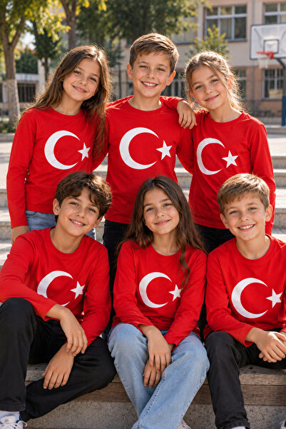 Parti Selesi Çocuk Türk Bayraklı Ay Yıldızlı Uzun Kollu Tişört Unisex | 29 Ek...