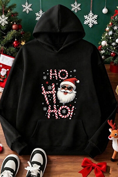 K KOZZ STYLE Hanorac supradimensionat Hohoho imprimat de Crăciun negru – cu g...