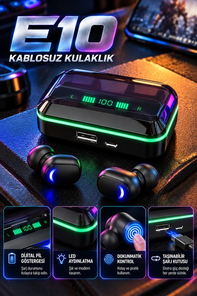 Deseja Android İos Uyumlu Oyuncu Kulaklığı PowerBank Özellikli Kulakiçi Kablosuz Bluetooth Kulaklık E10