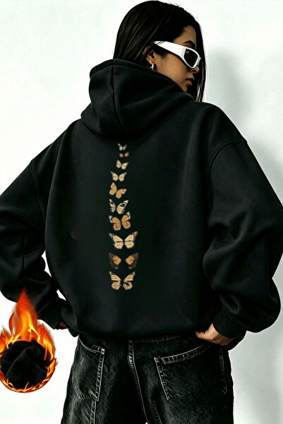 K KOZZ STYLE 100% βαμβακερό φούτερ με κουκούλα με στάμπα με πεταλούδες, μαύρο...