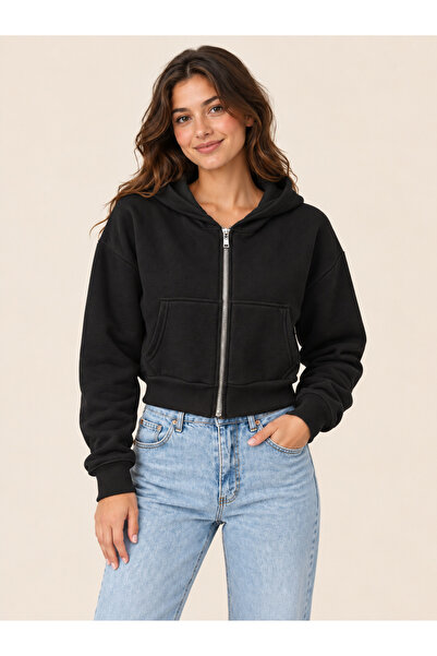 FAVORİST Women's Zippered Crop Cardigan Sweatshirt