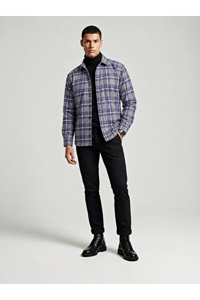 Etikmen Blue Navy Blue Striped Slimfit Lumberjack Men's Shirt