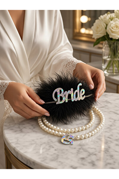 Happyland Bride Black Feathered Pearl Silver Detailed Party Crown and Bracelet Set Bachelorette Accessory