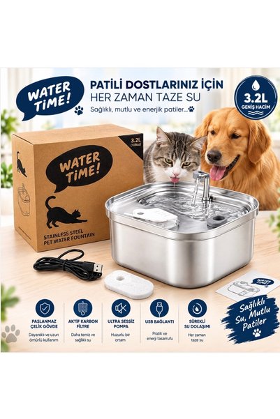 Voground 3.2L Paslanmaz Çelik Kedi Köpek Su Pınarı Otomatik Su Kabı Karbon Fi...