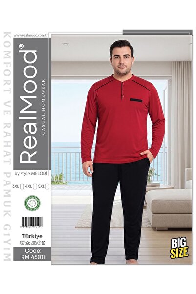 REN Men's Top Red Bottom Black Plus Size Pajama Set, 100% Cotton Combed Cotto...