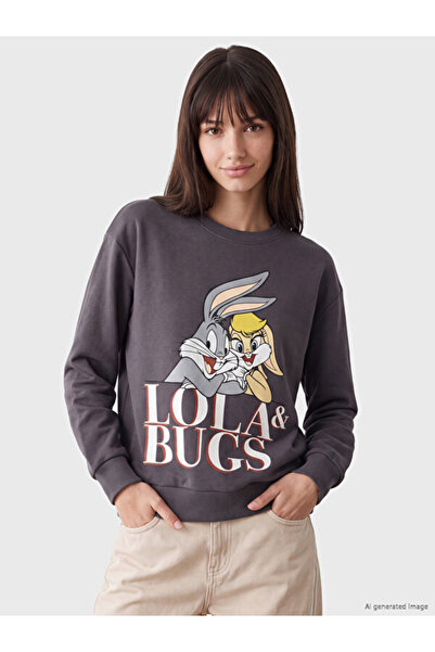 LC Waikiki Rmz Gi̇yi̇m Farkiyla Bugs Bunny Printed Loose Fit Women's Thick Sw...