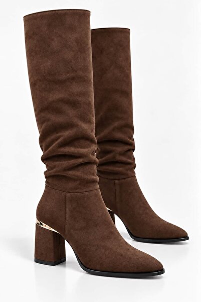 Lizy Shoes Γυναικείες μπότες καφέ σουέντ κάτω από το γόνατο, με τακούνι πάχου...