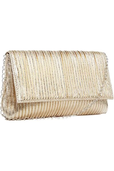 Generic Women Metallic Pleated Clutch Bag with Chain Strap One Size - Gold