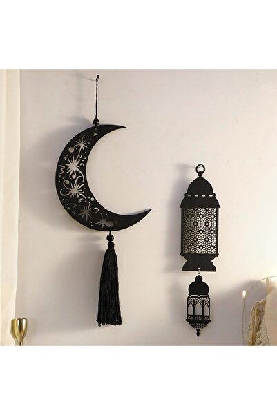 Generic زينة رمضان، 6 قطع زينة العيد، معلقات خشبية لعيد مبارك، فانوس قمر أسود...