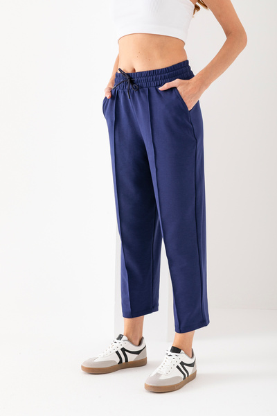 OLİZZA Women's Navy Blue Balloon Fit High Waist Trendy Casual Ribbed Front Mo...