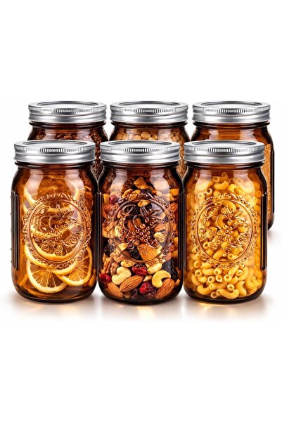 Generic 32oz Amber Glass Mason Jars 6 Pack with Silver Lids – Large Wide Mout...