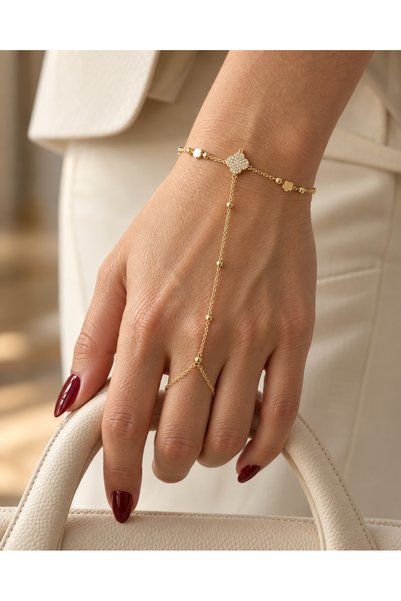 POYASE Gold Color Stone Flower Detailed Thin Chain Women's Shahmeran Bracelet