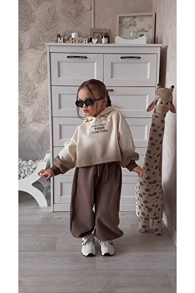 ARBİ kids Girl's Brown Oversized Fit, 100% Cotton Hooded Full-Fit Two-Piece Set