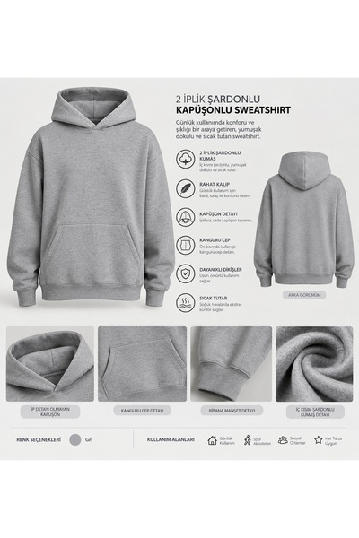 Kapüşonlu Sweatshirt Normal Kalıp Ünisex Kadın Erkek 2-İplik Şardonlu Rejenere Kumaş İçi Polarlı Kışlık Baskısız Düz Renk Sade