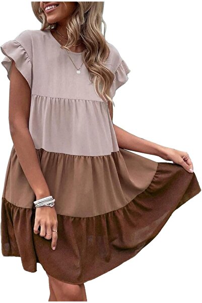 Generic Women Round Neck Mini Dress Gradient Tiered Short Sleeve Flowy A-Line