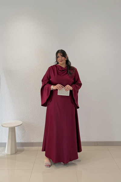 CHUL BÜYÜK BEDEN KADIN VEREV SATEN ELBİSE - BORDO