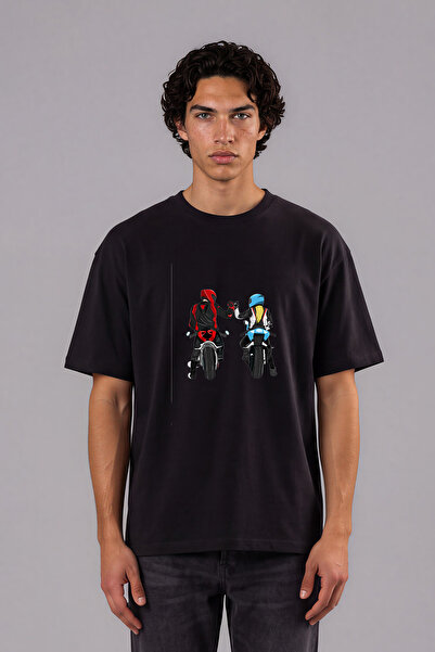 VSRN Motorcycle Couple Design Pre-Printed Black Oversize T-Shirt
