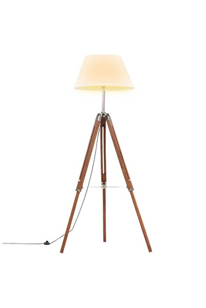 Syfax Lampa de podea trepied, maro miere si alb, 141 cm, lemn de tec