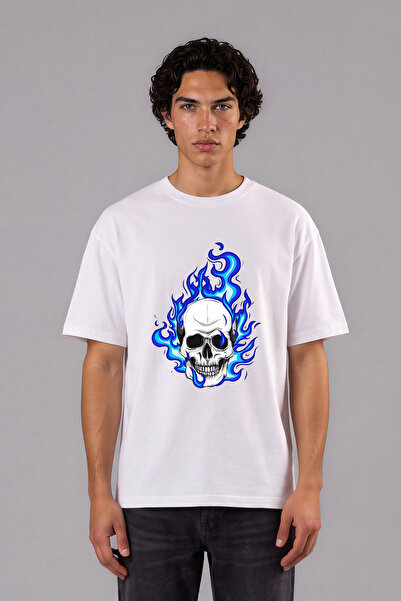 VSRN Tricou supradimensionat alb cu imprimeu frontal cu design Blue Flamed Skull