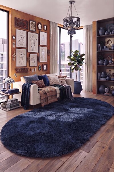 SOFT DECOR Lacivert Kaymaz Taban Peluş Kesme Oval Yolluk Tozumaz Yumuşak Doku...