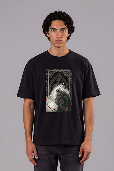 VSRN Tricou negru supradimensionat cu design Black Carpet Horse și imprimeu f...