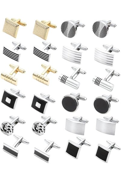 KASTWAVE 12 Pairs Cufflinks for Men Classic Tone Cuff Links Silver Black Stri...