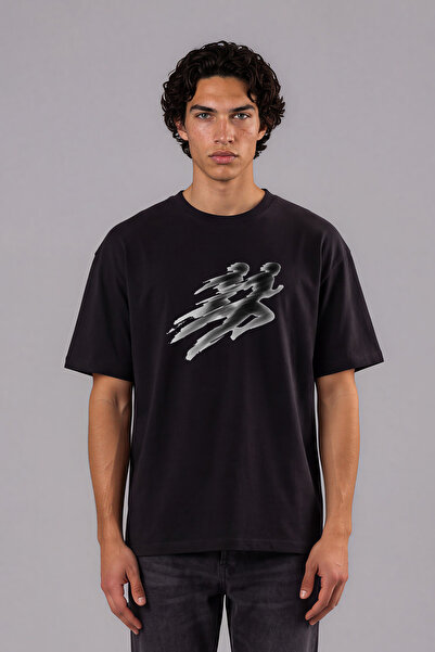 VSRN Tricou oversize negru cu imprimeu frontal, design Running Couple