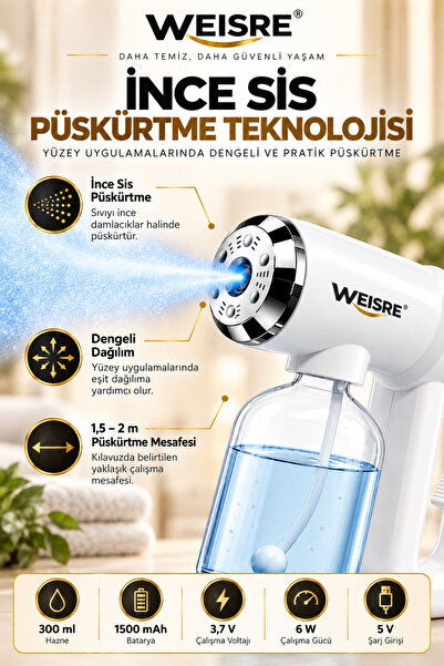 Weisre Şarjlı İnce Sis Püskürtme Dezenfektan Cihazı 300 ml Hazne 1500 mAh Kablosuz Yüzey Spreyi