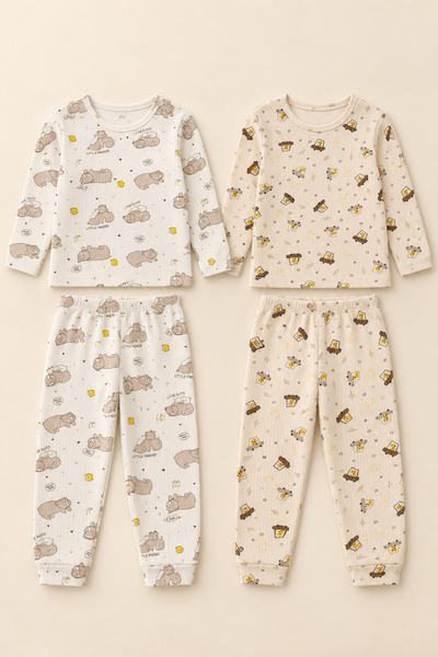 aden kids ERKEK çocuk raporlu kumaş pijama takımı 2 takım şekilde gelmekte