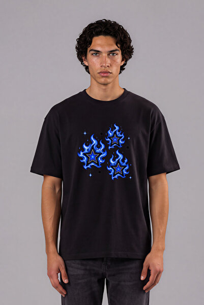 VSRN Tricou oversize negru cu imprimeu frontal Blue Star Design