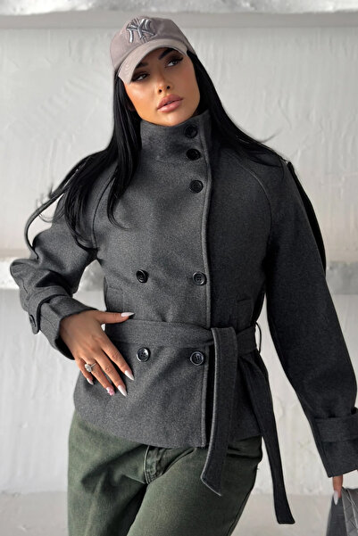 PRİFALDİ Agli̇mmer Vintage Women's Stand Collar Belted Short Lined Smoked Cas...