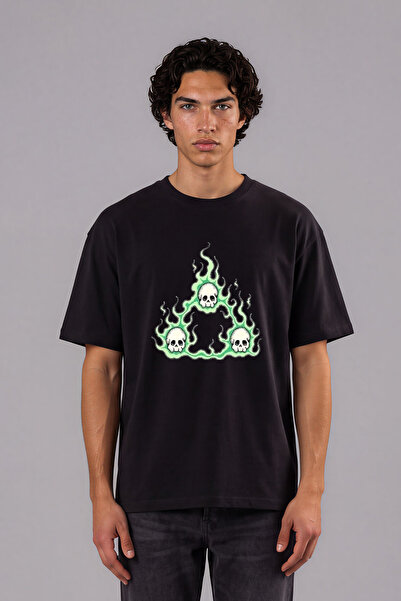 VSRN 3 Skull Design Front Printed Black Oversize t Shirt