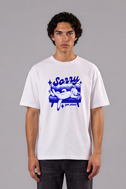 VSRN Tricou supradimensionat alb cu imprimeu frontal, design „Sorry Got Plan”.