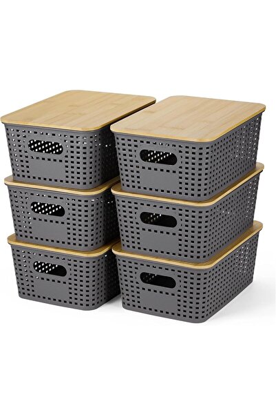Generic 6 Pack Plastic Storage Baskets With Bamboo Lid - Plastic Storage Cont...