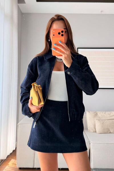 aura7 collection Kadın Giyim Fermuarlı Bomber Ceketli Lacivert Kadife Etekli ...
