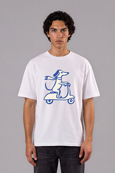 VSRN Tricou supradimensionat alb cu imprimeu frontal Motor Dog Design