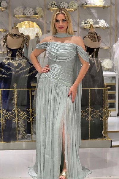 Yonca Moda Evi Mint Jan Jan Drapeli Ay Kol Abiye 2707