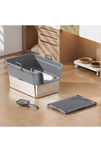 Generic Stainless Steel Cat Litter Box with Lid, Front Entry Top Exit Kitty L...