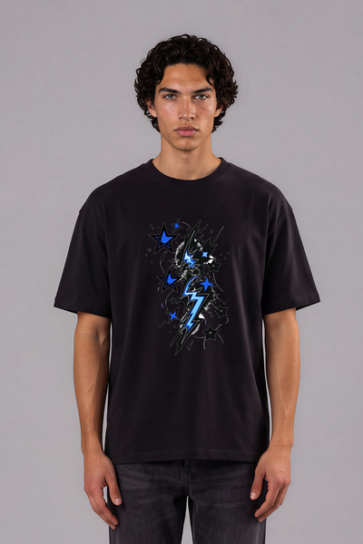 VSRN Tricou oversize negru cu imprimeu frontal Blue Black Lightning Design
